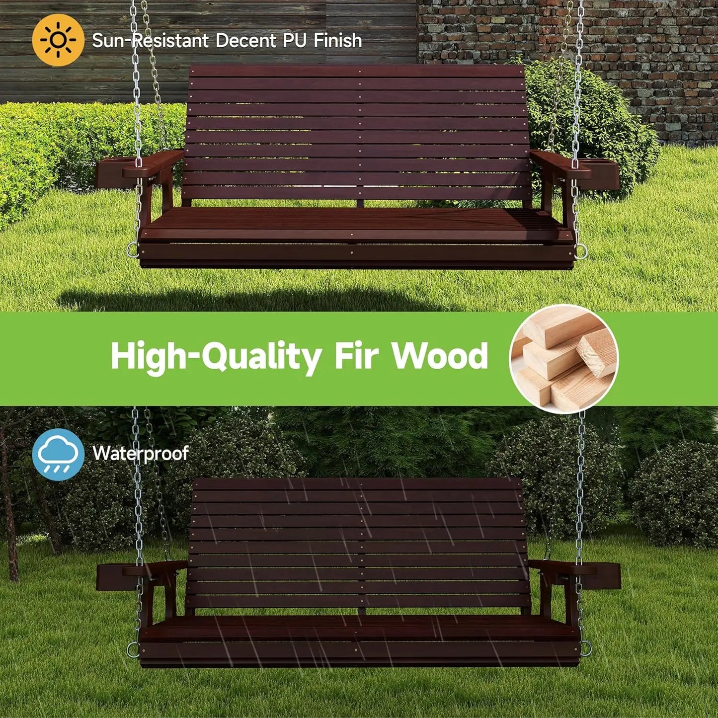 Wooden 2-Seater Hanging Front Porch Swing