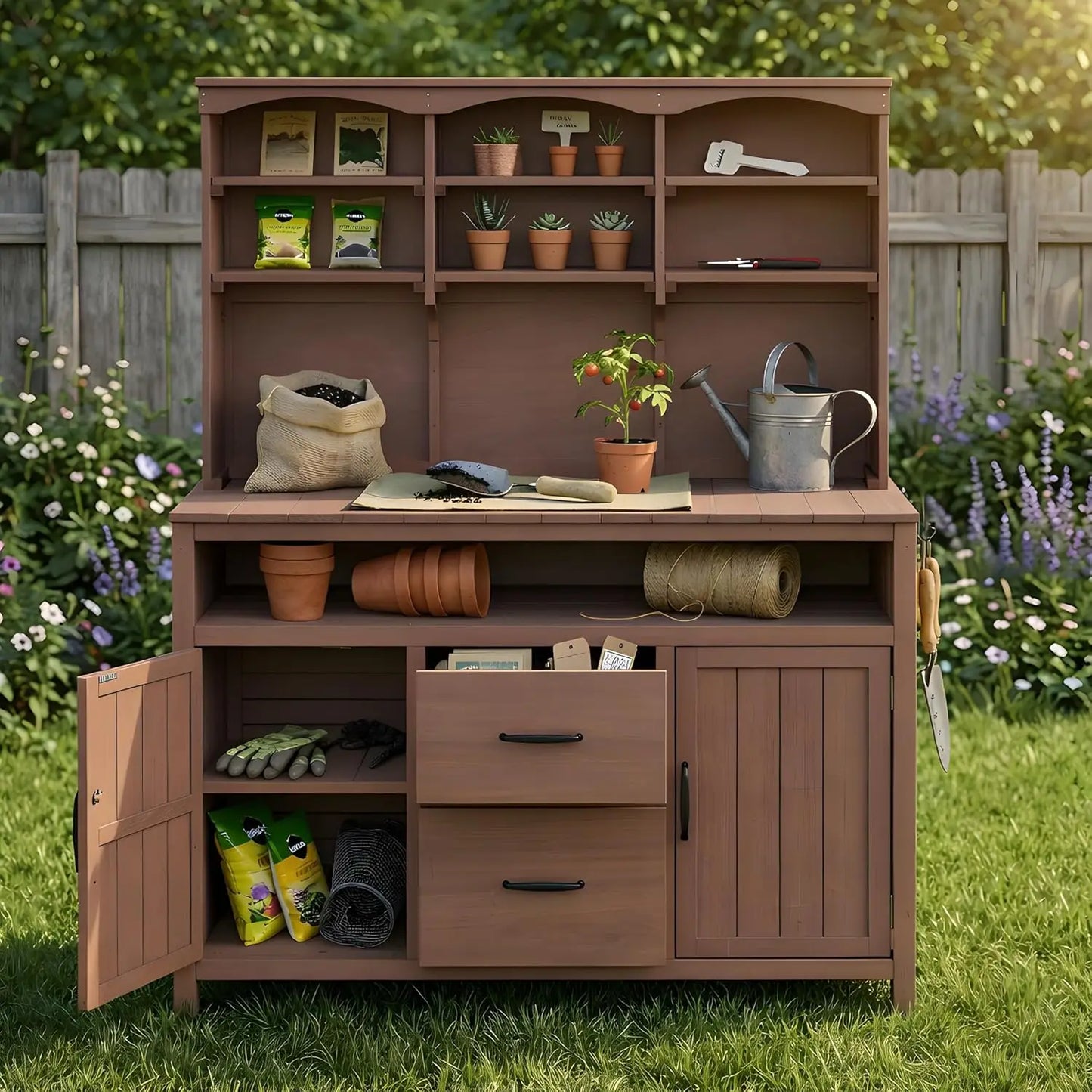 Solid Fir Wood Potting Bench with Hutch