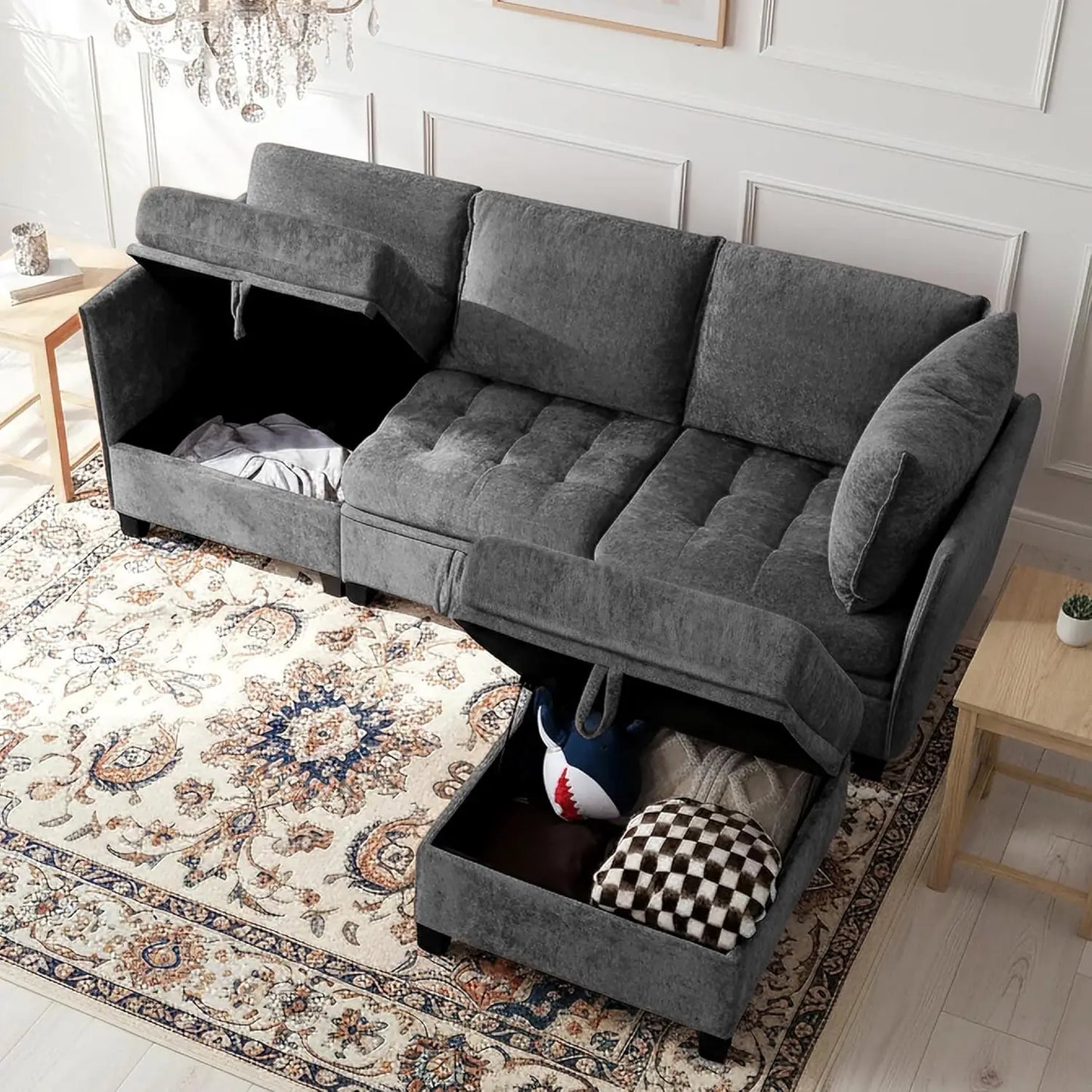 L-Shaped Chenille Convertible Sectional Sofa with Storage