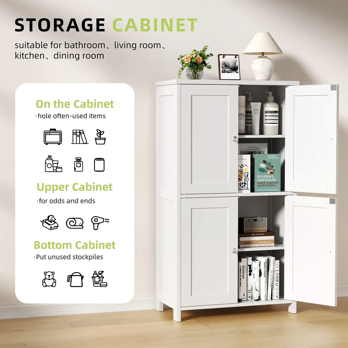 43" Wooden Pantry Adjustable Shelf with 4 Doors