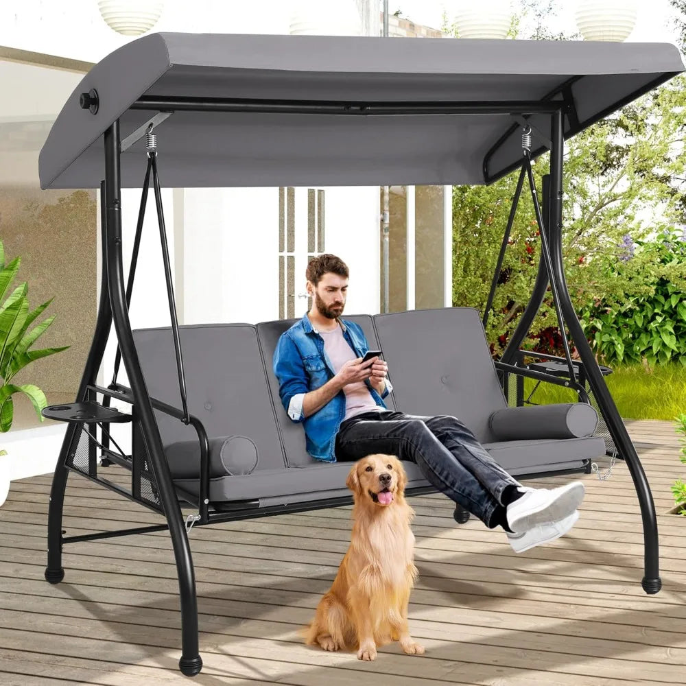 3-Seat Outdoor Porch Swing with Adjustable Canopy