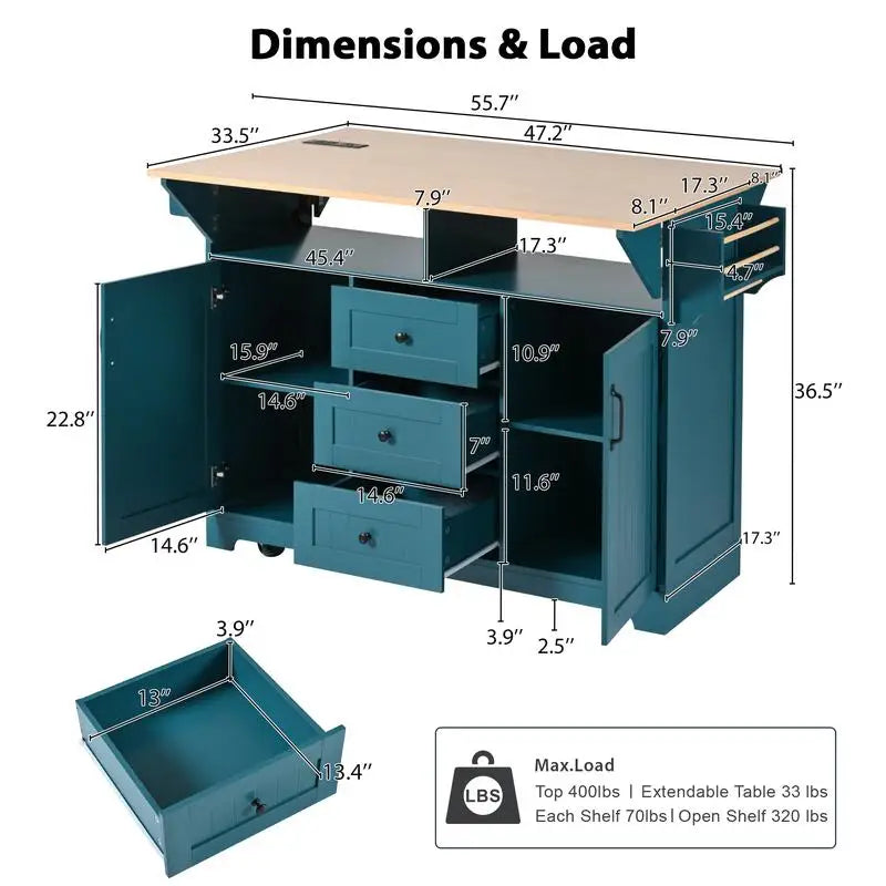 Large Kitchen Island with 2 Drop Leaves
