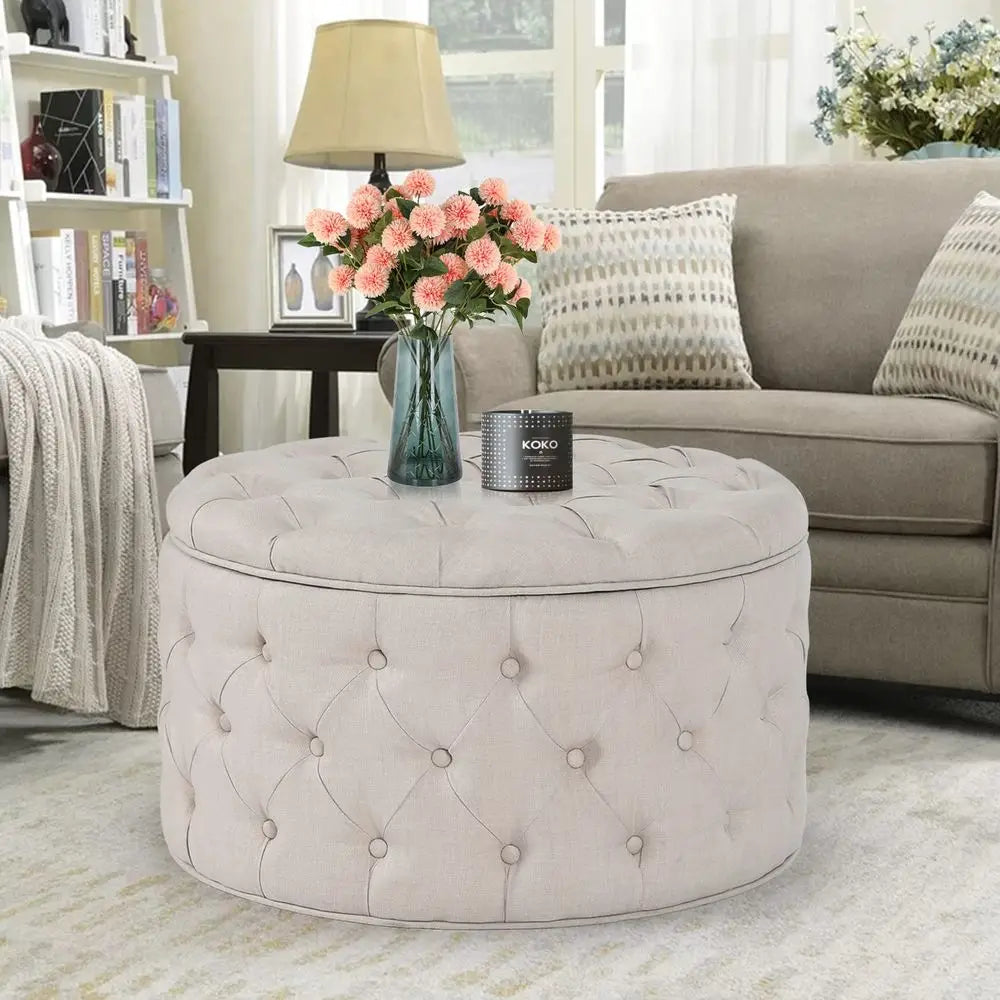 Button Tufted Round Storage Ottoman