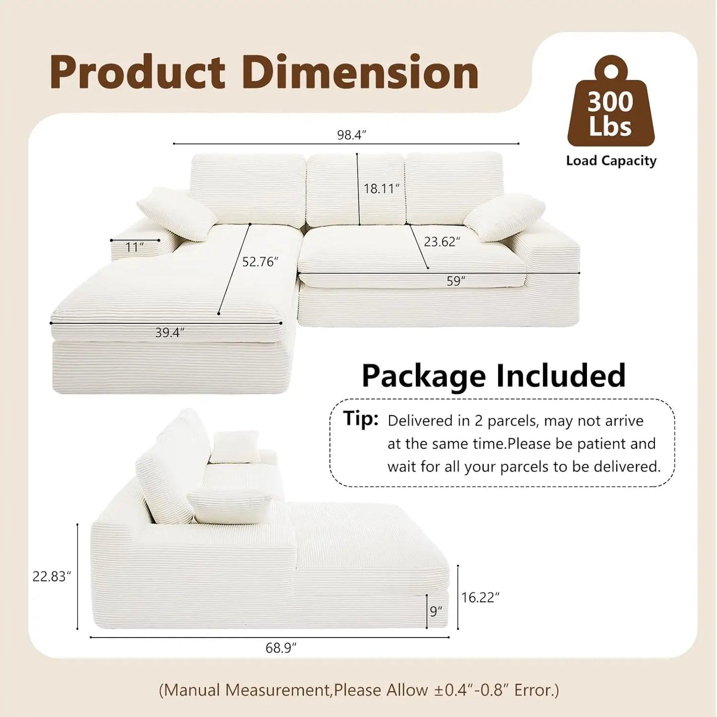 Modular Sectional Corduroy Couch with Chaise
