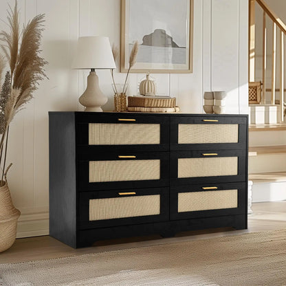 6 Drawer Rattan Dresser with Golden Handles