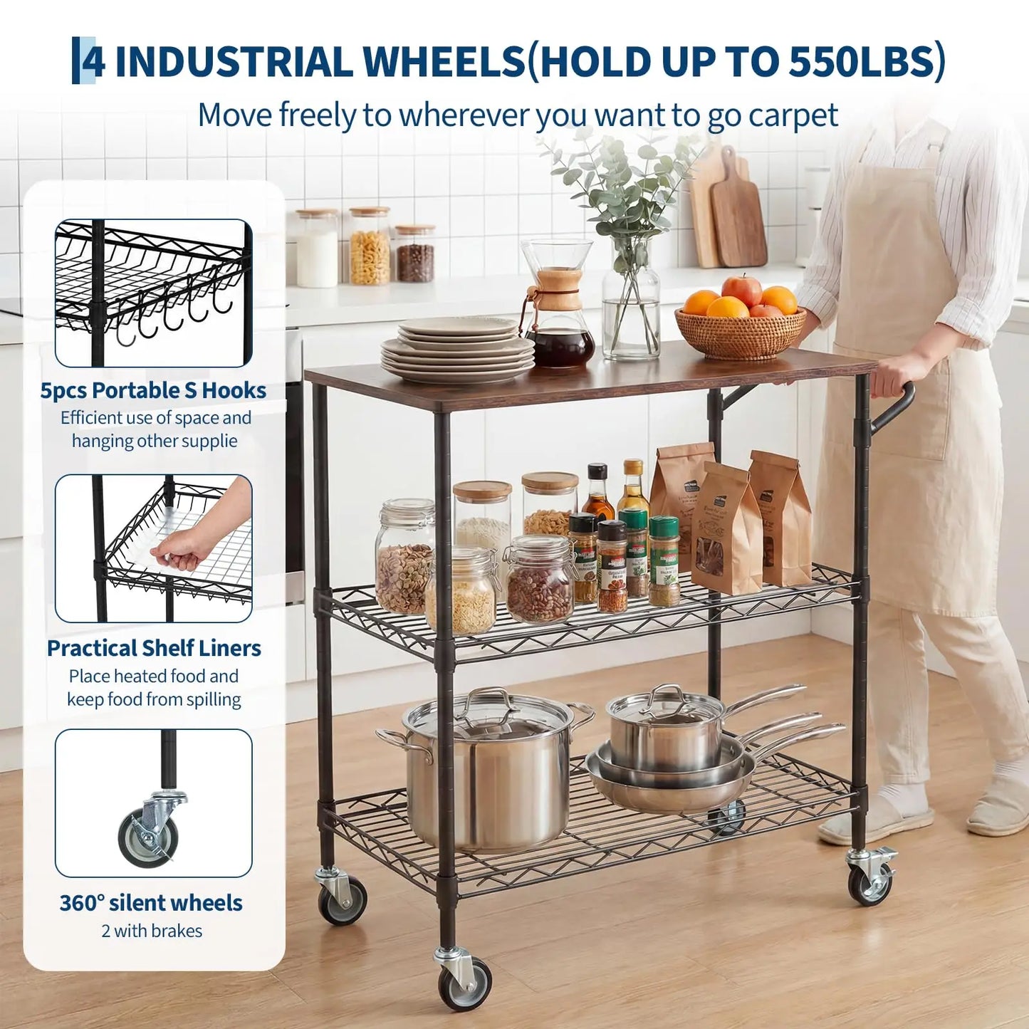 3-Tier Rolling Kitchen Cart  With Wood Top