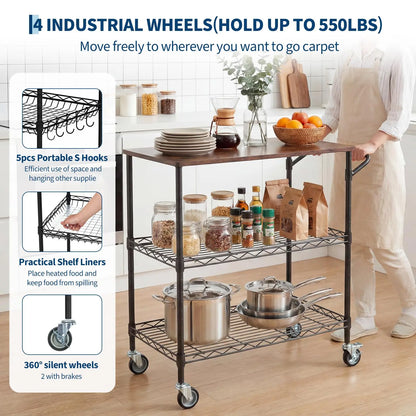 3-Tier Rolling Kitchen Cart  With Wood Top