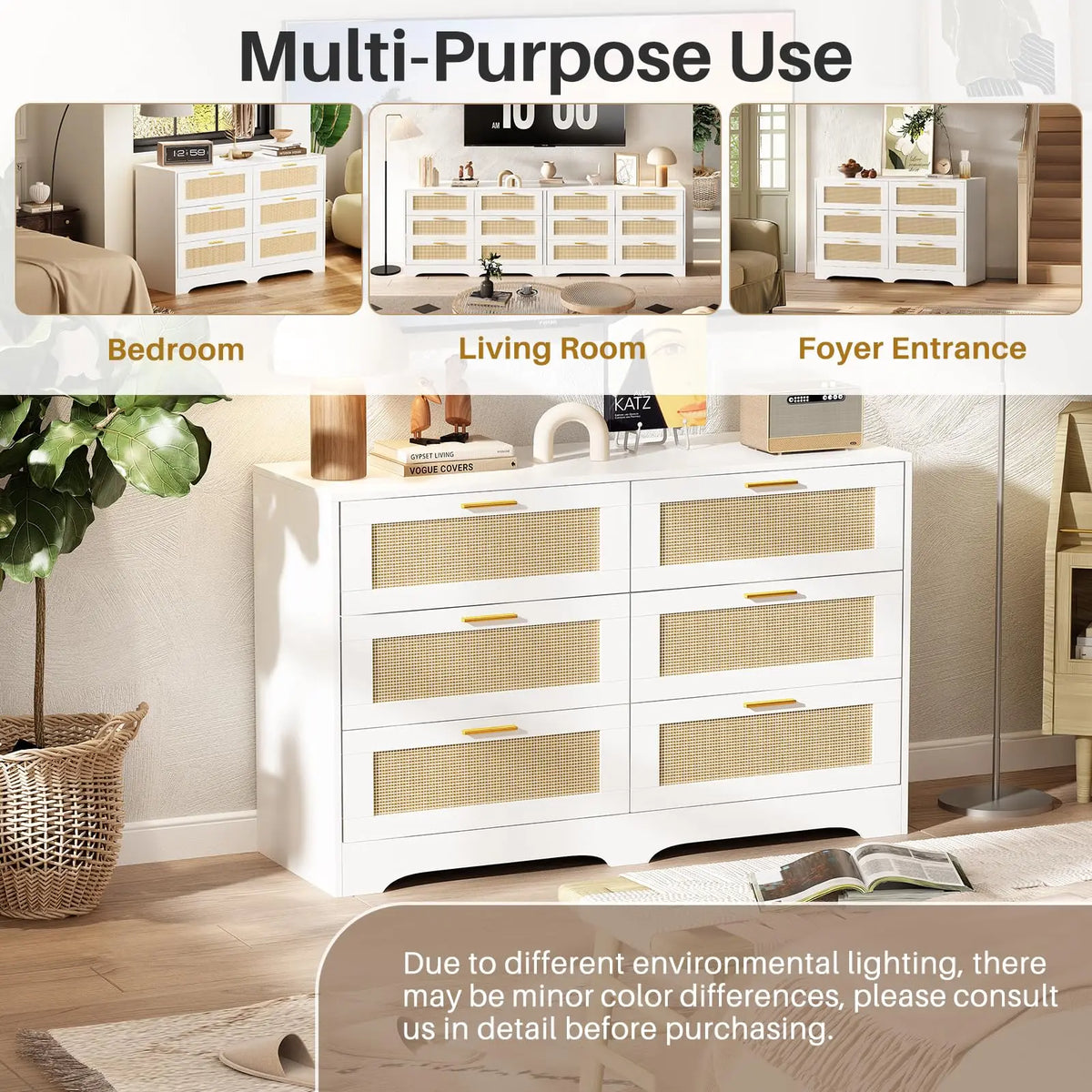 6 Drawer Rattan Dresser with Golden Handles