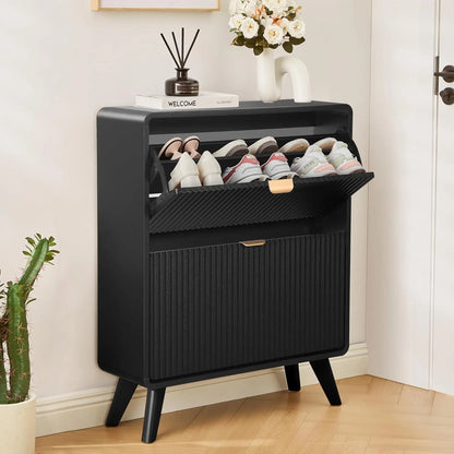 Fluted Narrow Shoe Cabinet 2 Flip Drawers