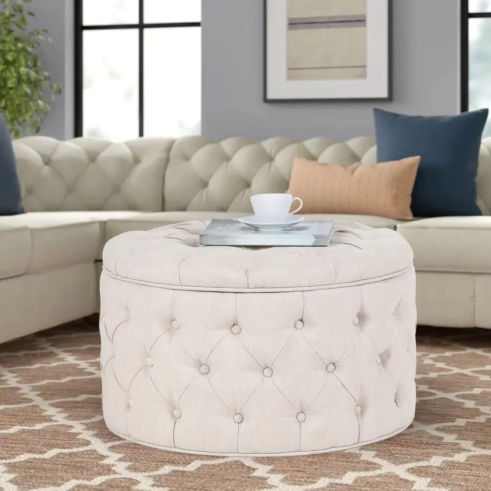 Button Tufted Round Storage Ottoman