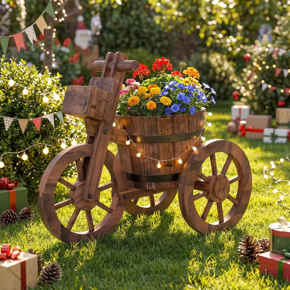 Rustic Wooden Bike Planter with Wheels