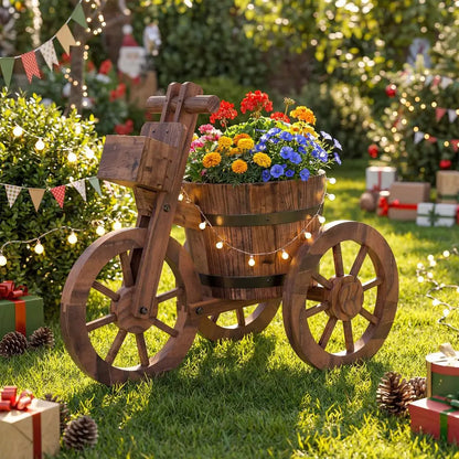 Rustic Wooden Bike Planter with Wheels