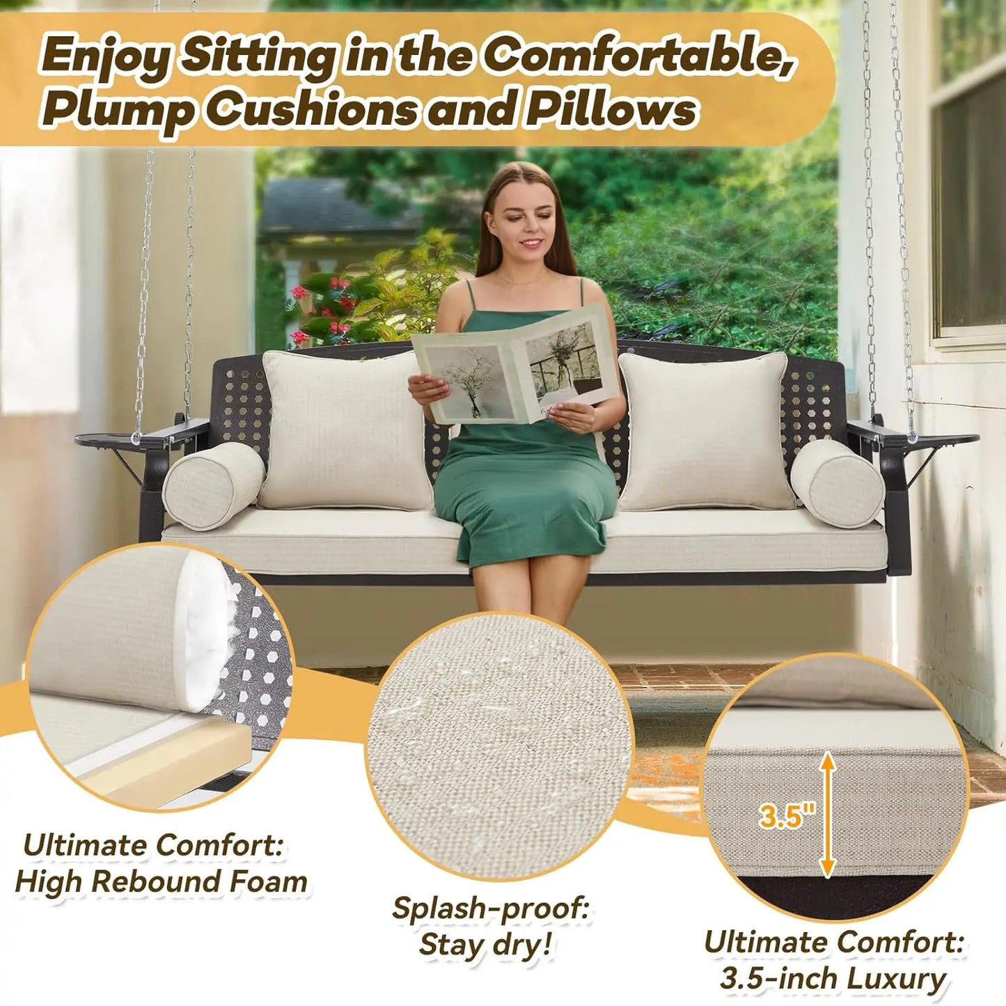 3 Seat Porch Swing with Cup Holders