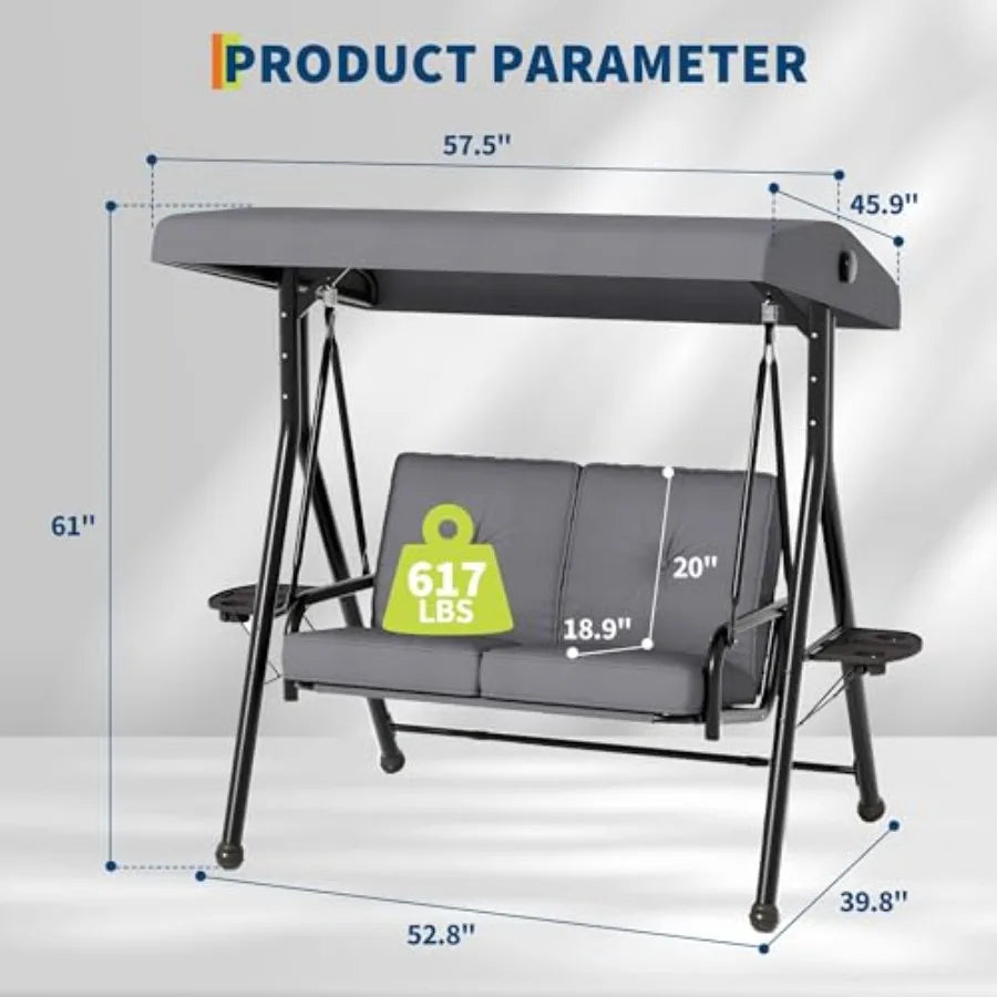 2 Seat Outdoor Porch Swing Removable Cushions