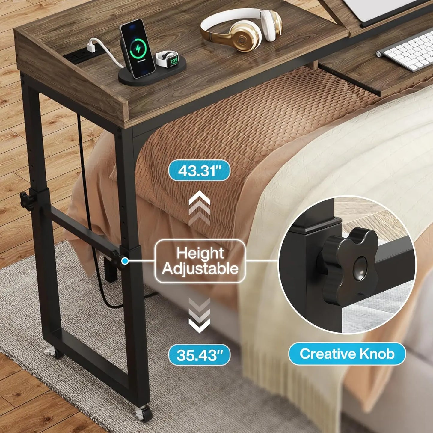 Overbed Table with Wheels and Height Adjustable