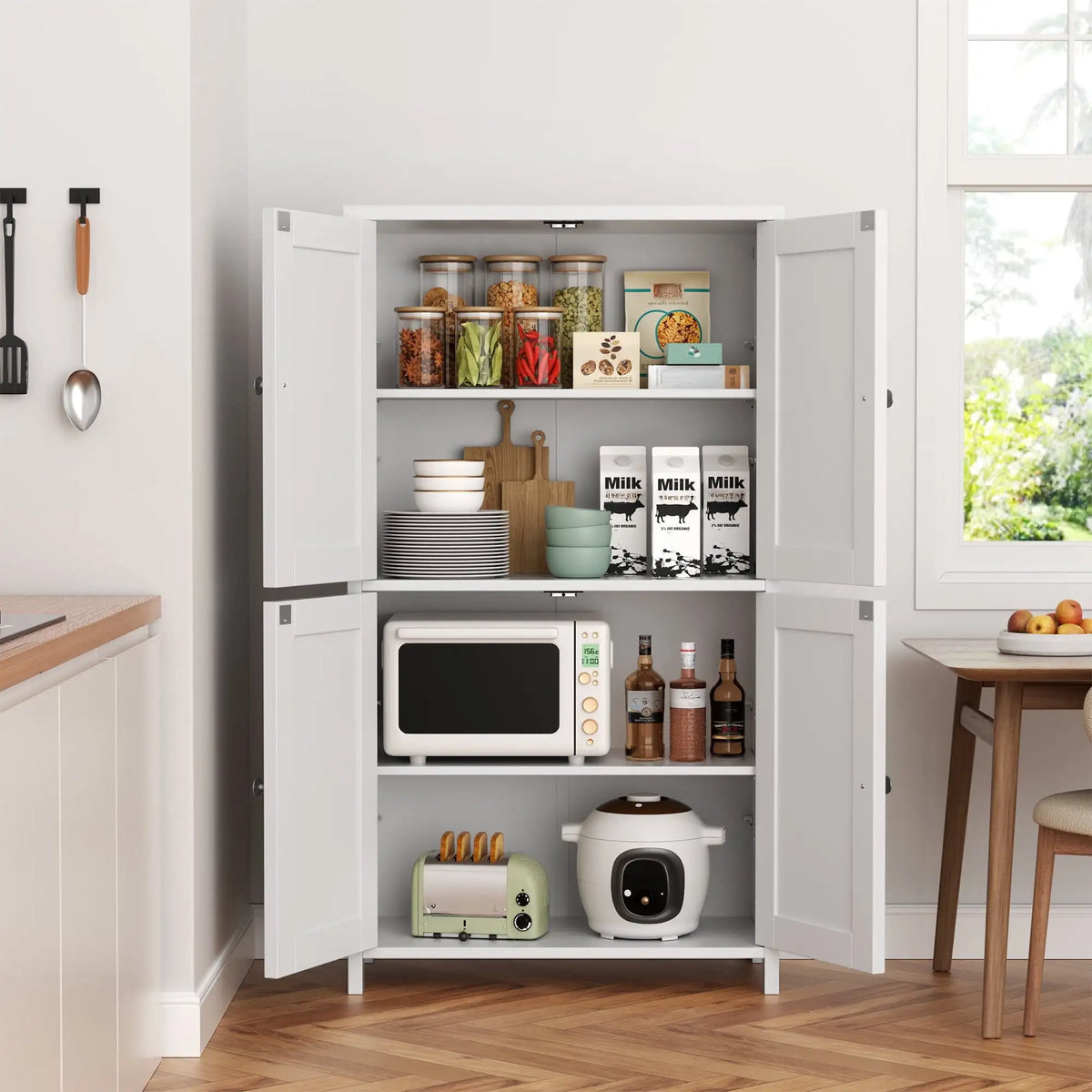 43" Wooden Pantry Adjustable Shelf with 4 Doors