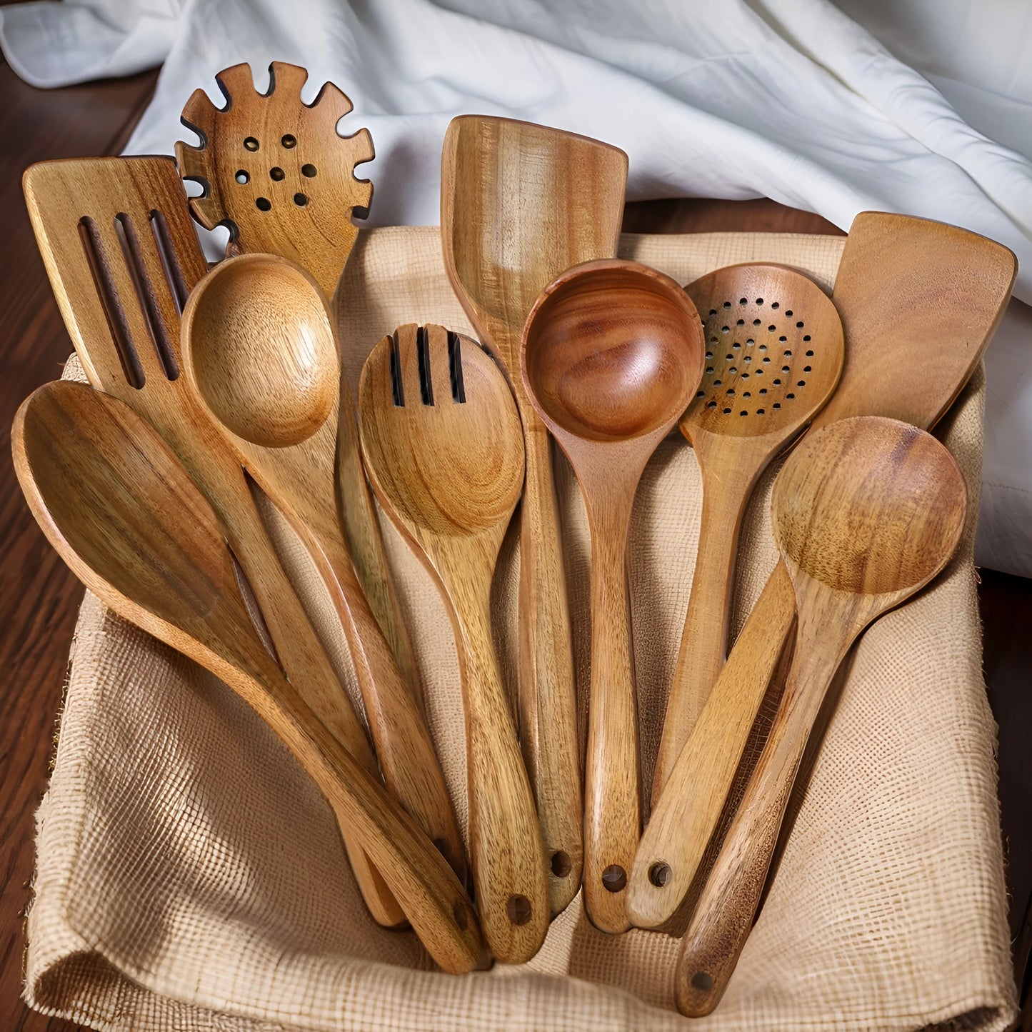 10pcs Wooden Kitchen Utensil Set For Cooking