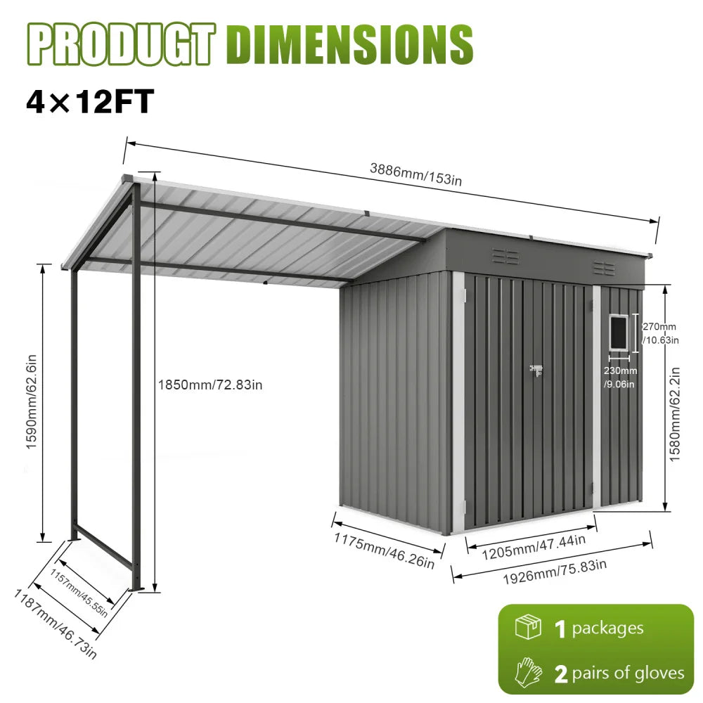 12x4ft Metal Shed with Open-Sided Pergola