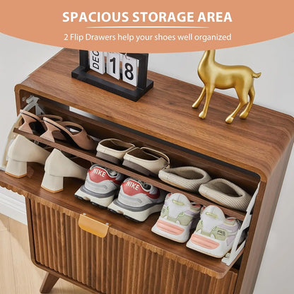 Fluted Narrow Shoe Cabinet 2 Flip Drawers