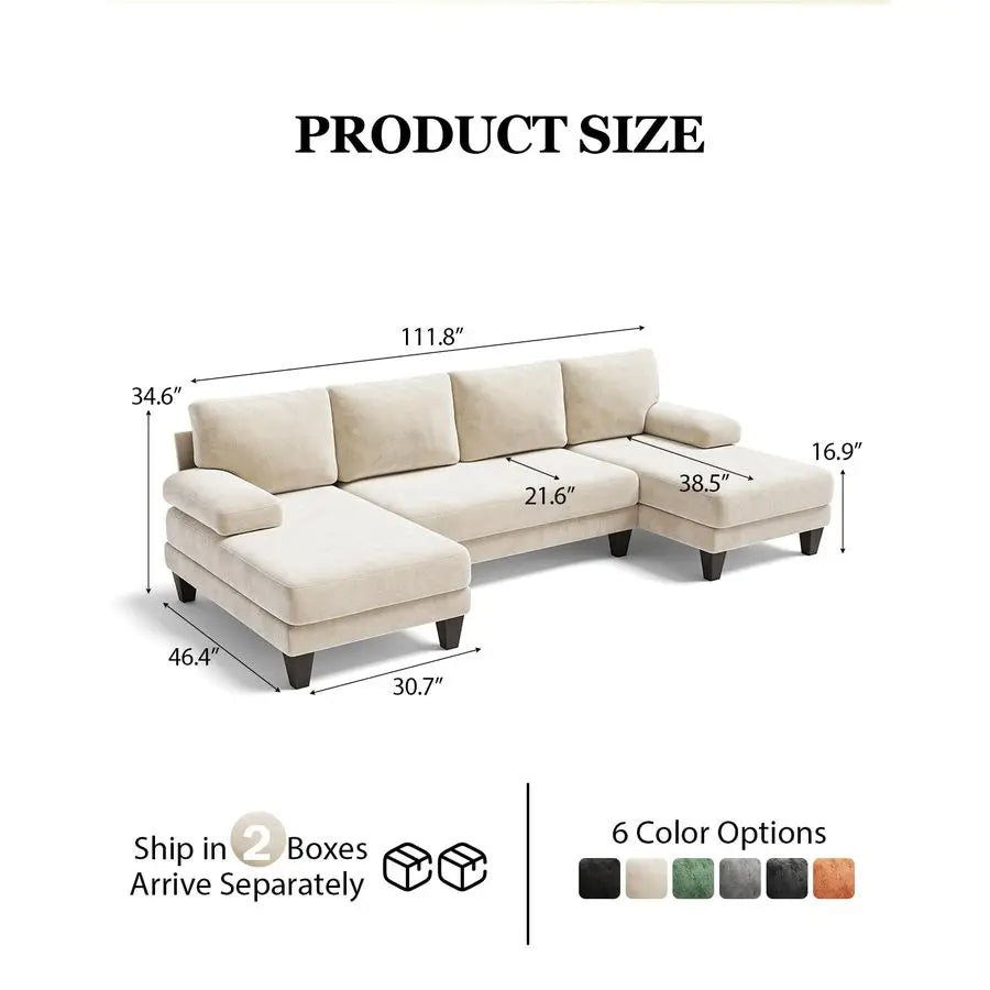 U Shaped Double Chaise  White Chenille Sofa