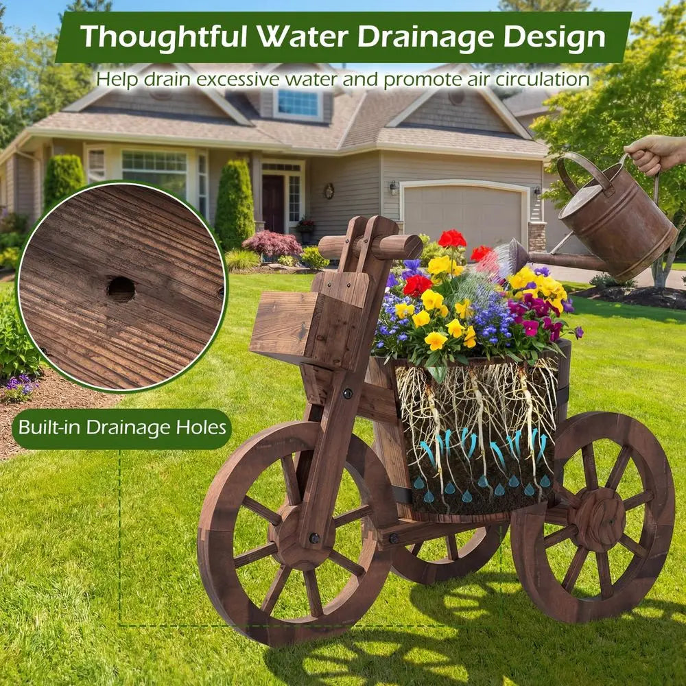 Rustic Wooden Bike Planter with Wheels