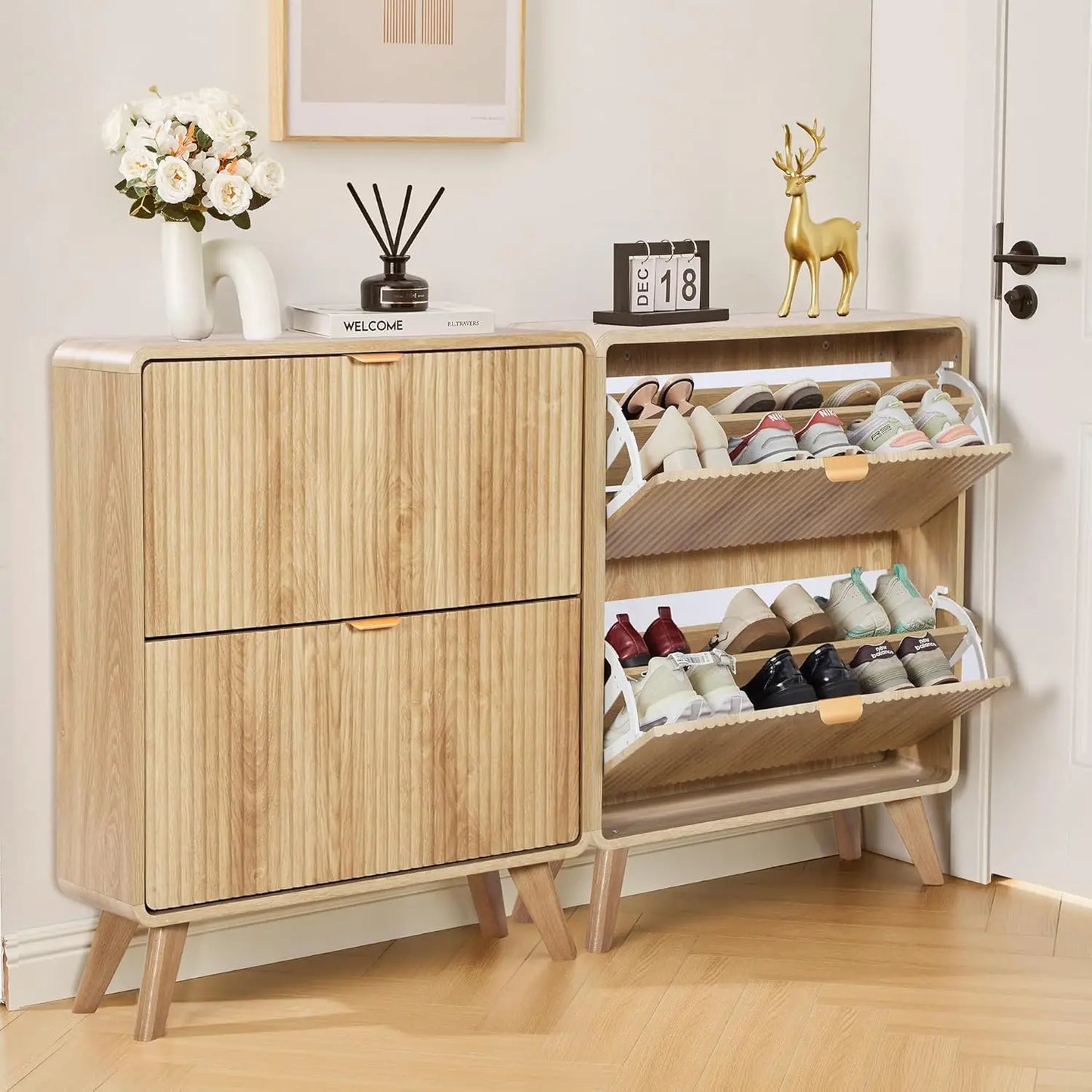 Fluted Narrow Shoe Cabinet 2 Flip Drawers