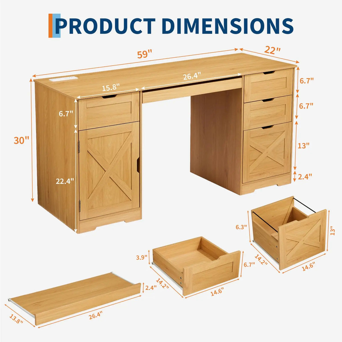 Farmhouse Office Desk With 4 Drawers