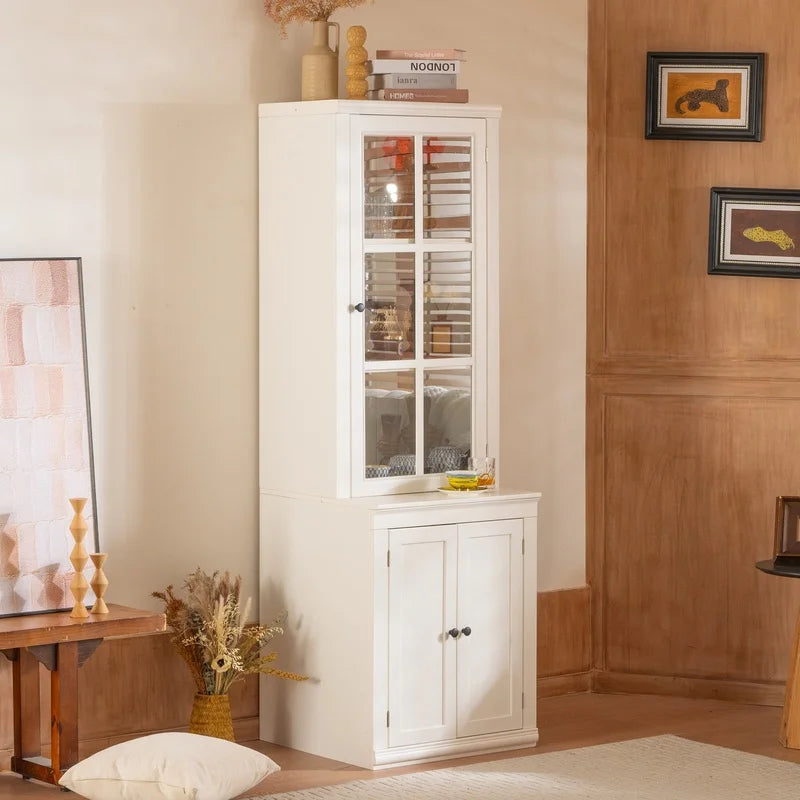 White Farmhouse Pantry Cabinet with Glass Door