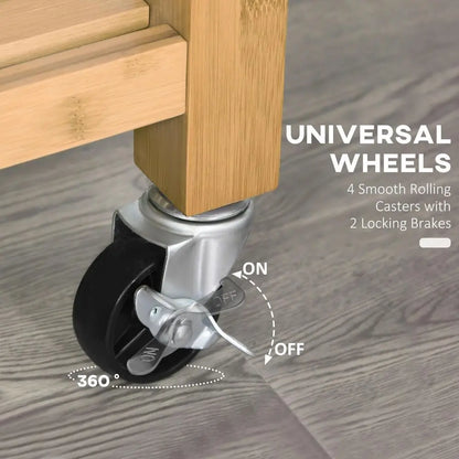 Bamboo Kitchen Island on Wheels with Drawers
