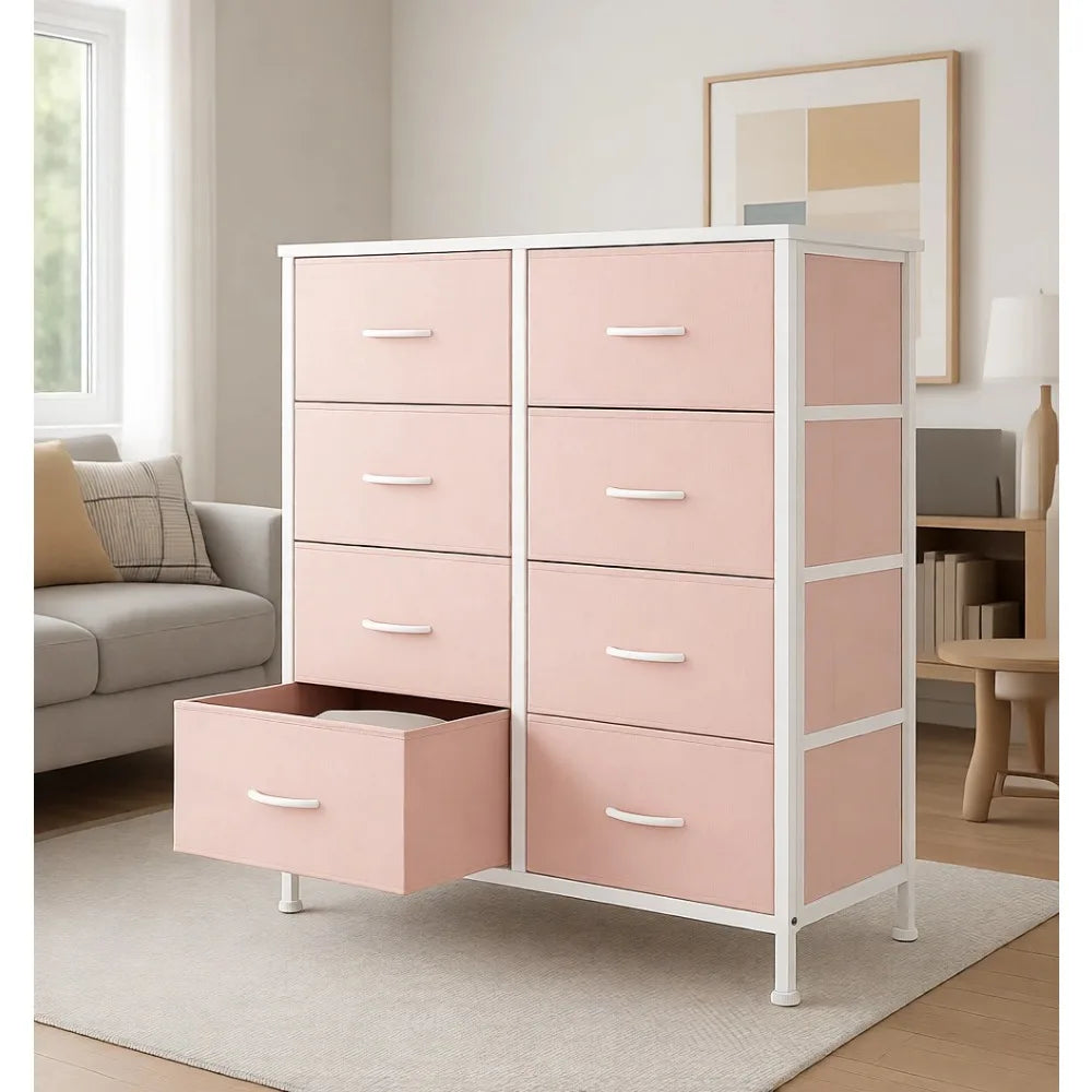8-Drawer Steel Frame Pink Fabric Dresser
