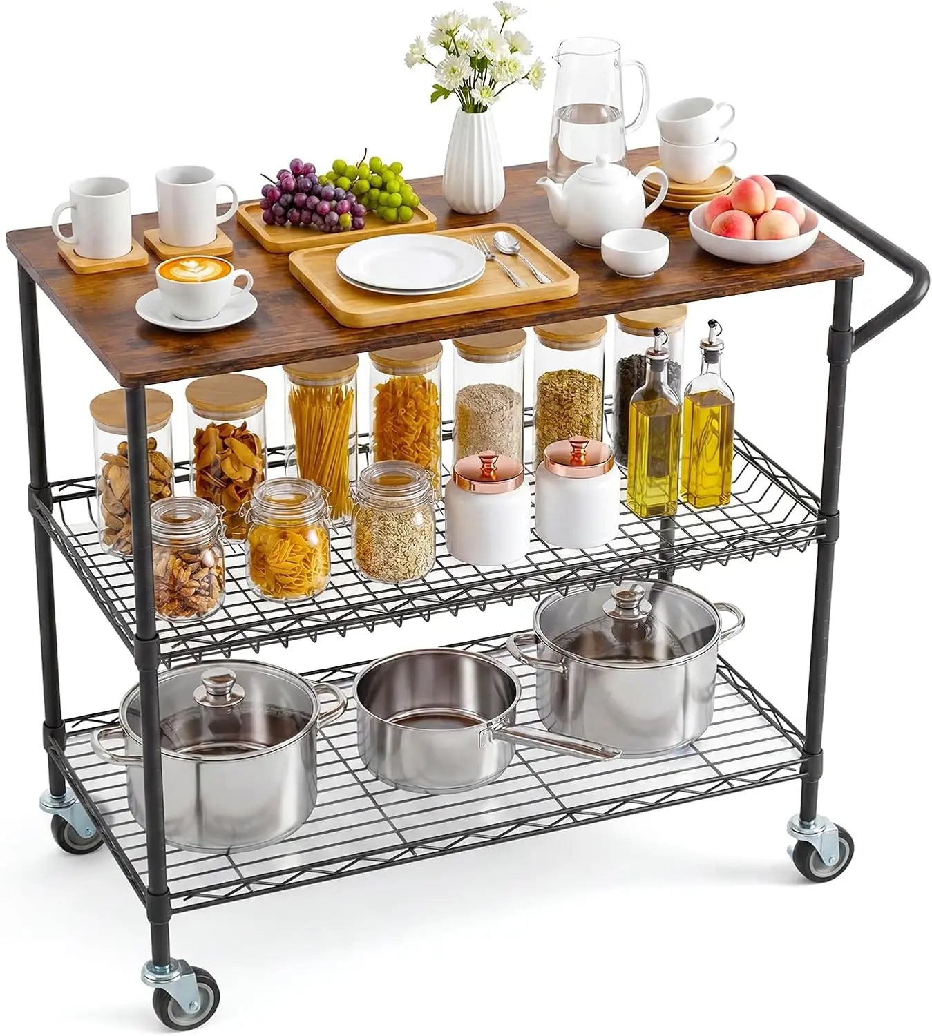 3-Tier Rolling Kitchen Cart  With Wood Top