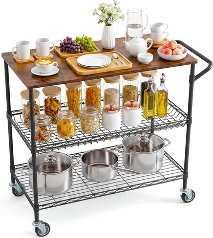 3-Tier Rolling Kitchen Cart  With Wood Top