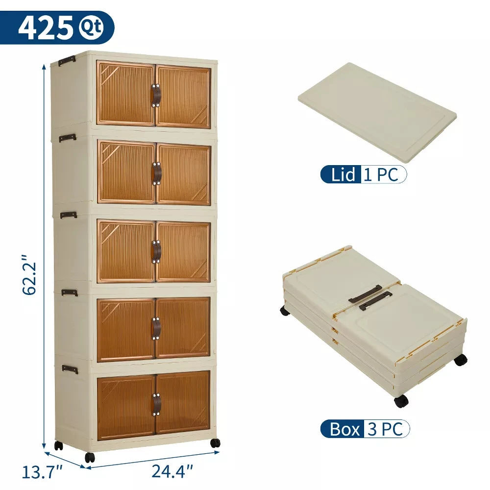 3/4/5-Tier Foldable Cabinet with Lids & Wheels