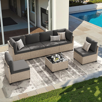 7-Piece Rattan Sectional Sofa with Glass Table