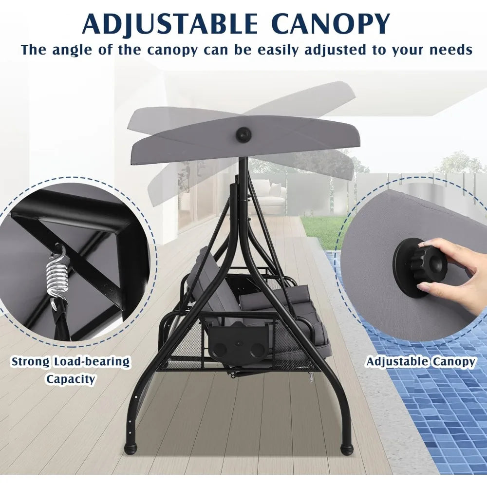 3-Seat Outdoor Porch Swing with Adjustable Canopy