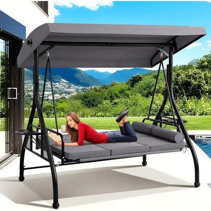 3-Seat Outdoor Porch Swing with Adjustable Canopy