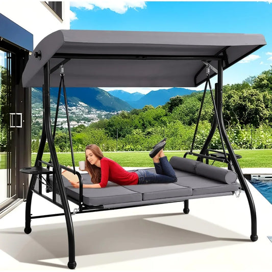 3-Seat Outdoor Porch Swing with Adjustable Canopy