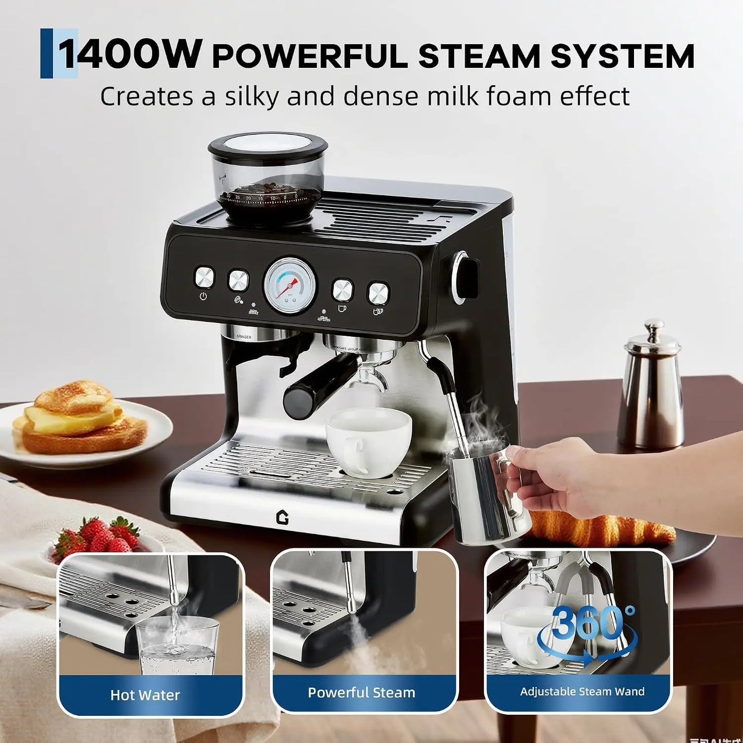Stainless Steel Espresso Machine With Grinder