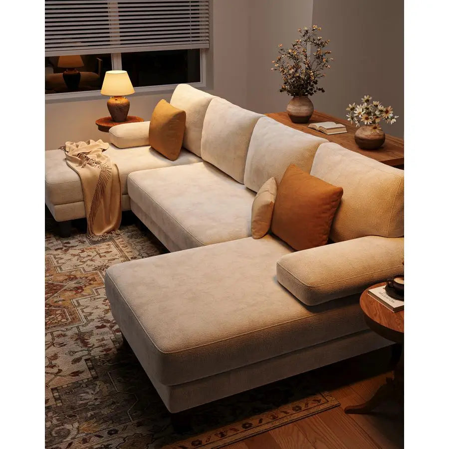 U Shaped Double Chaise  White Chenille Sofa