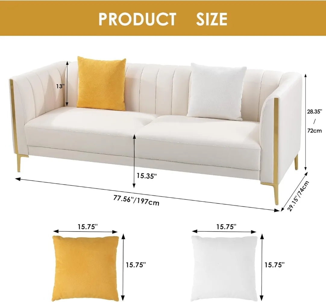 78'' Modern White Couch with 2 Throw Pillows