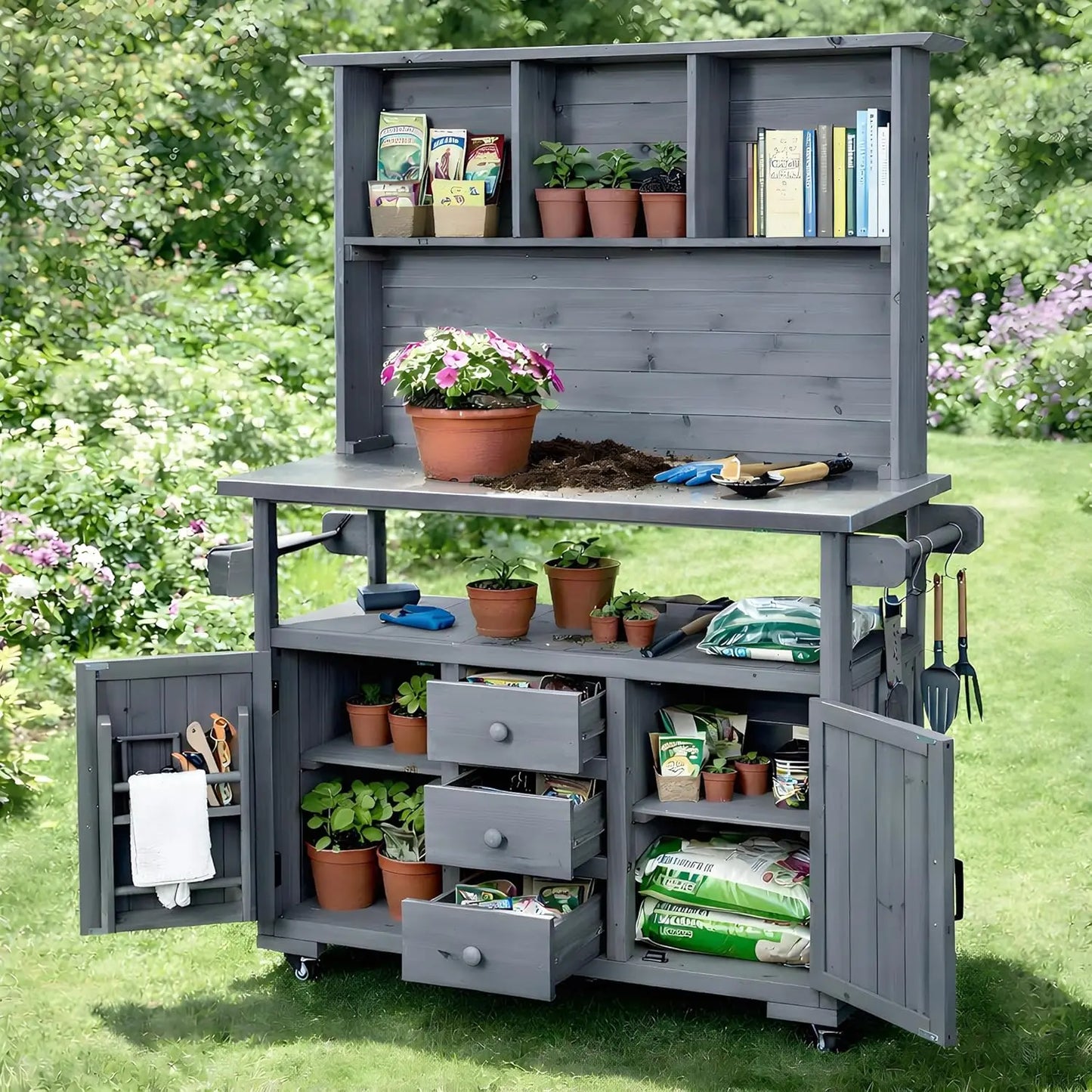 Solid Fir Wood Potting Bench with Hutch