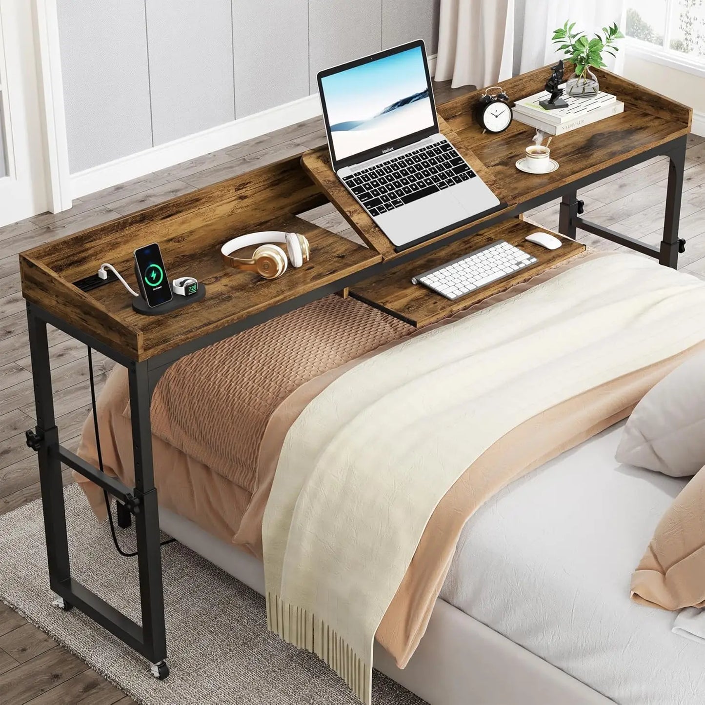 Overbed Table with Wheels and Height Adjustable