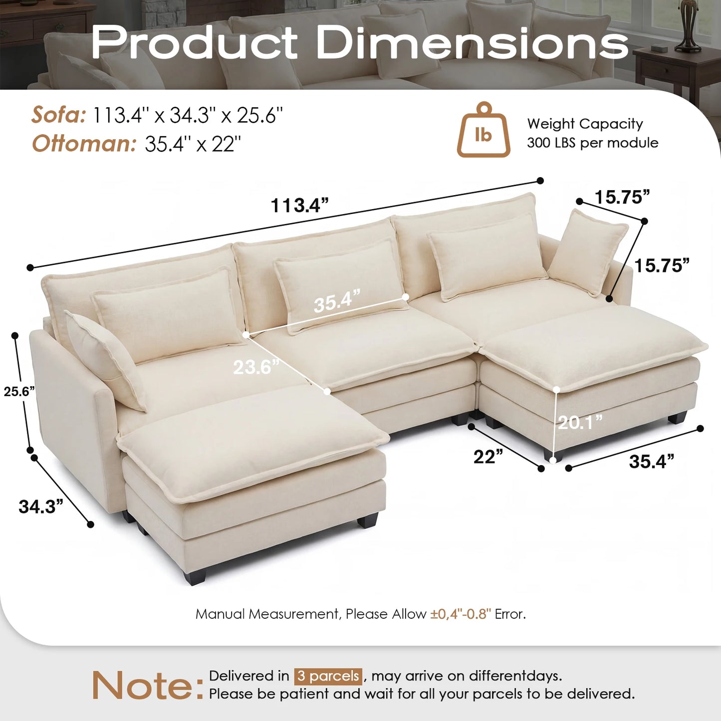 Modular Sectional Deep Seat  Sofa with Ottoman