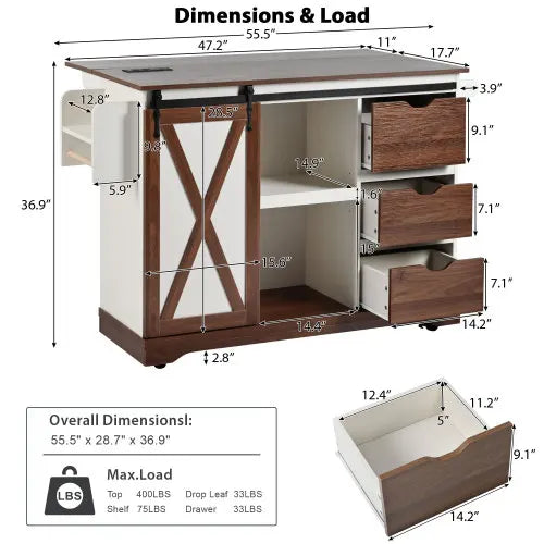 Farmhouse Kitchen Island with Drop Leaf Table