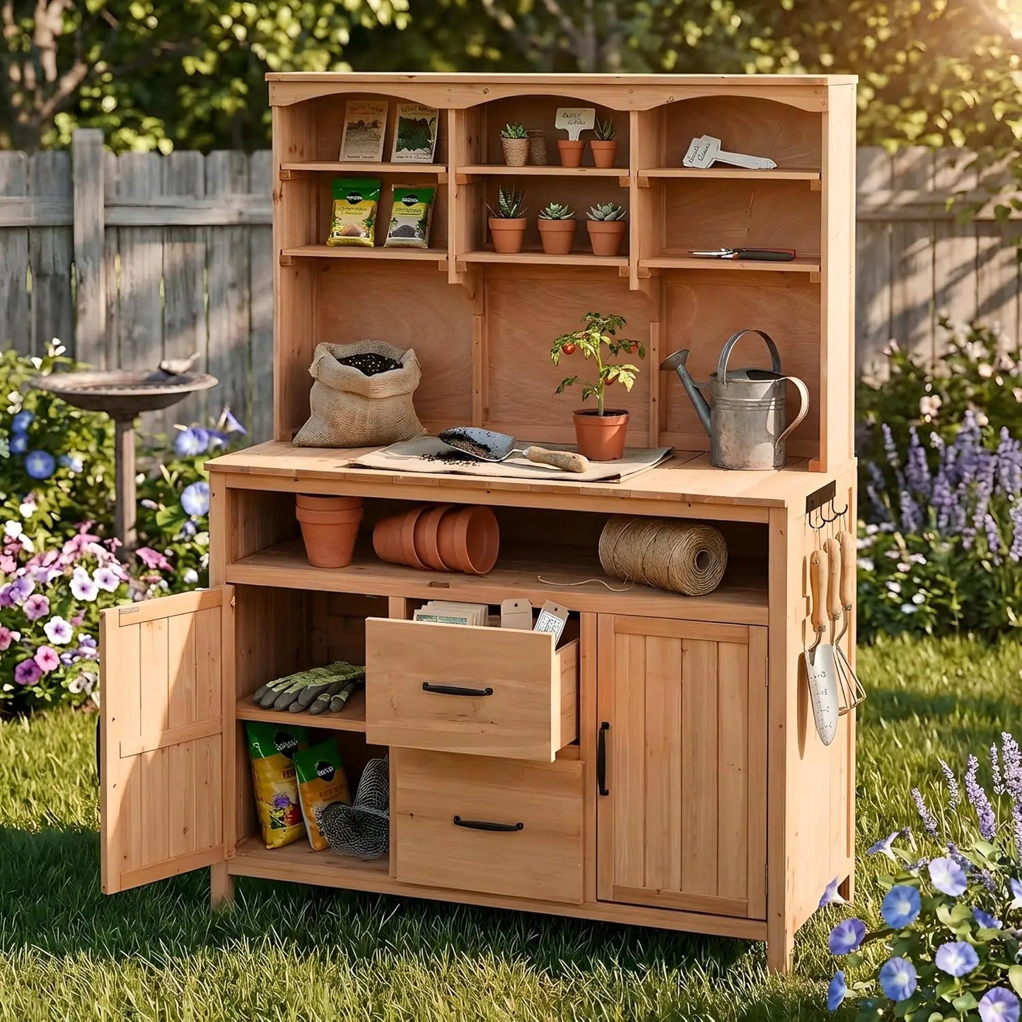 Solid Fir Wood Potting Bench with Hutch