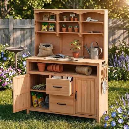Solid Fir Wood Potting Bench with Hutch