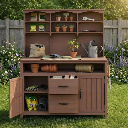 Solid Fir Wood Potting Bench with Hutch