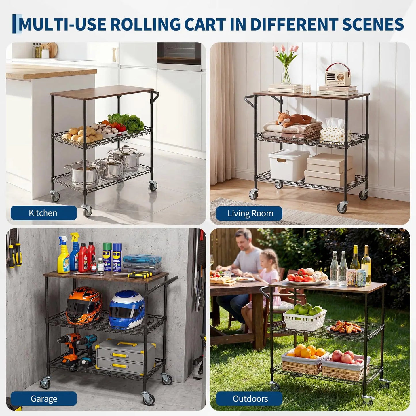 3-Tier Rolling Kitchen Cart  With Wood Top