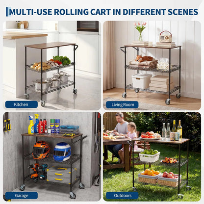 3-Tier Rolling Kitchen Cart  With Wood Top