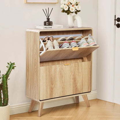 Fluted Narrow Shoe Cabinet 2 Flip Drawers